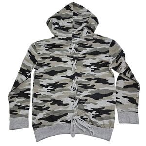 Like Love Womens Size S Grey Camouflage Lace Up Back Hoodie Sweatshirt Lounge